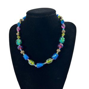 Chicos Acrylic Beaded Necklace Jewel Tones 17" Ornate Gold Tone Beads